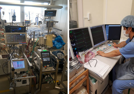 左：ICUでのECMO治療、　右：アンギオ室でのポリグラフ操作